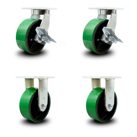 Service Caster 8 Inch Heavy Duty Green Poly on Metal Caster Swivel Lock/Brake 2 Rigid, 2PK SCC-KP92S830-PUR-GB-SLB-BSL-2-R-2